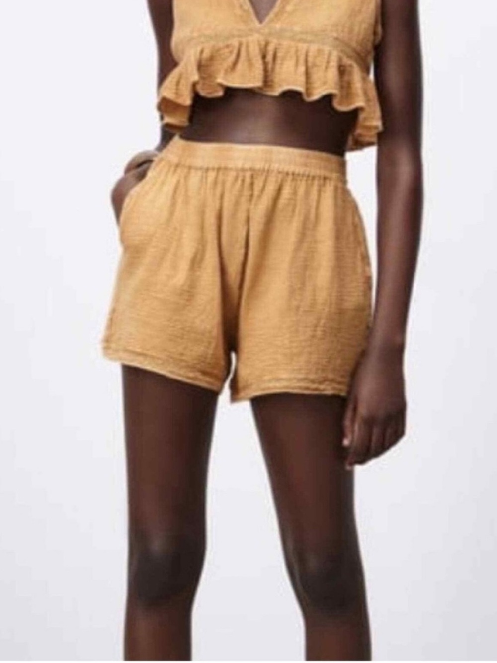 Zara Tan Textured Cotton Pull On Shorts High Rise Elastic Waist Small